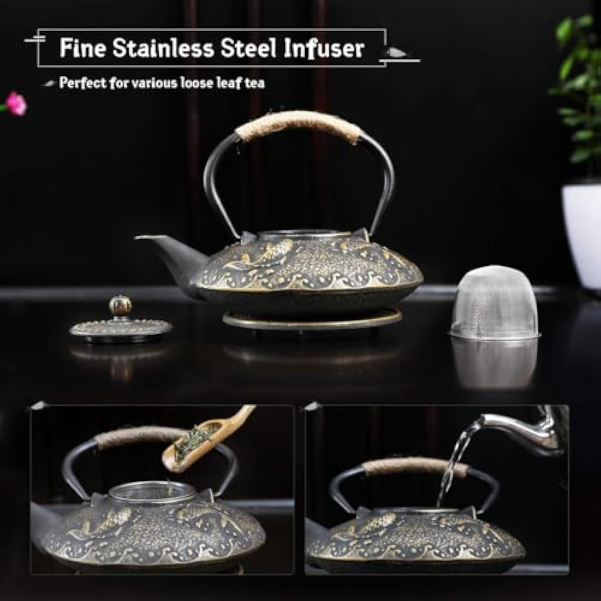Japanese Style Cast Iron Teapot Set with 4 Cups
